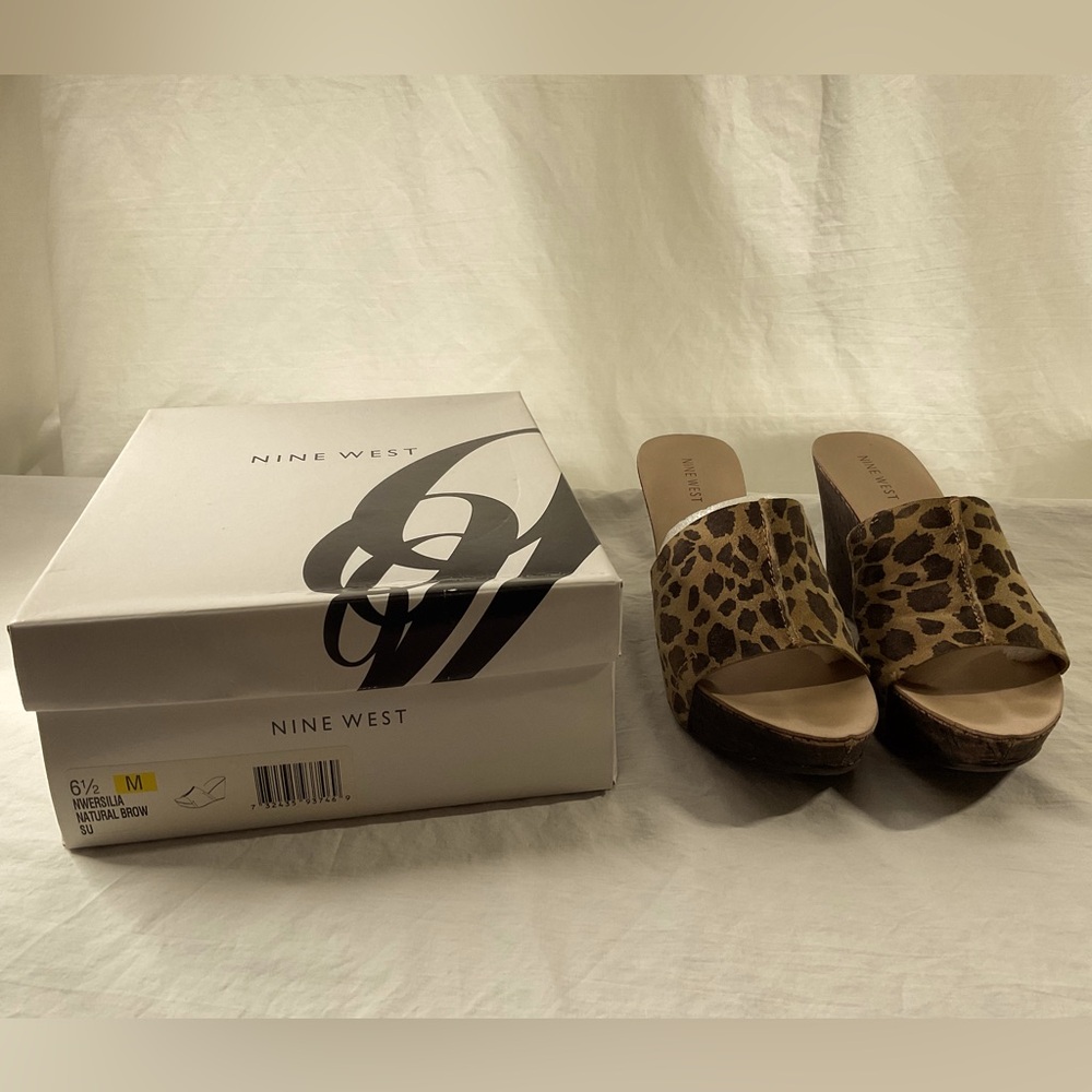 Nine West Ursilia, Leopard print, natural brown suede, wedge sandal 6.5